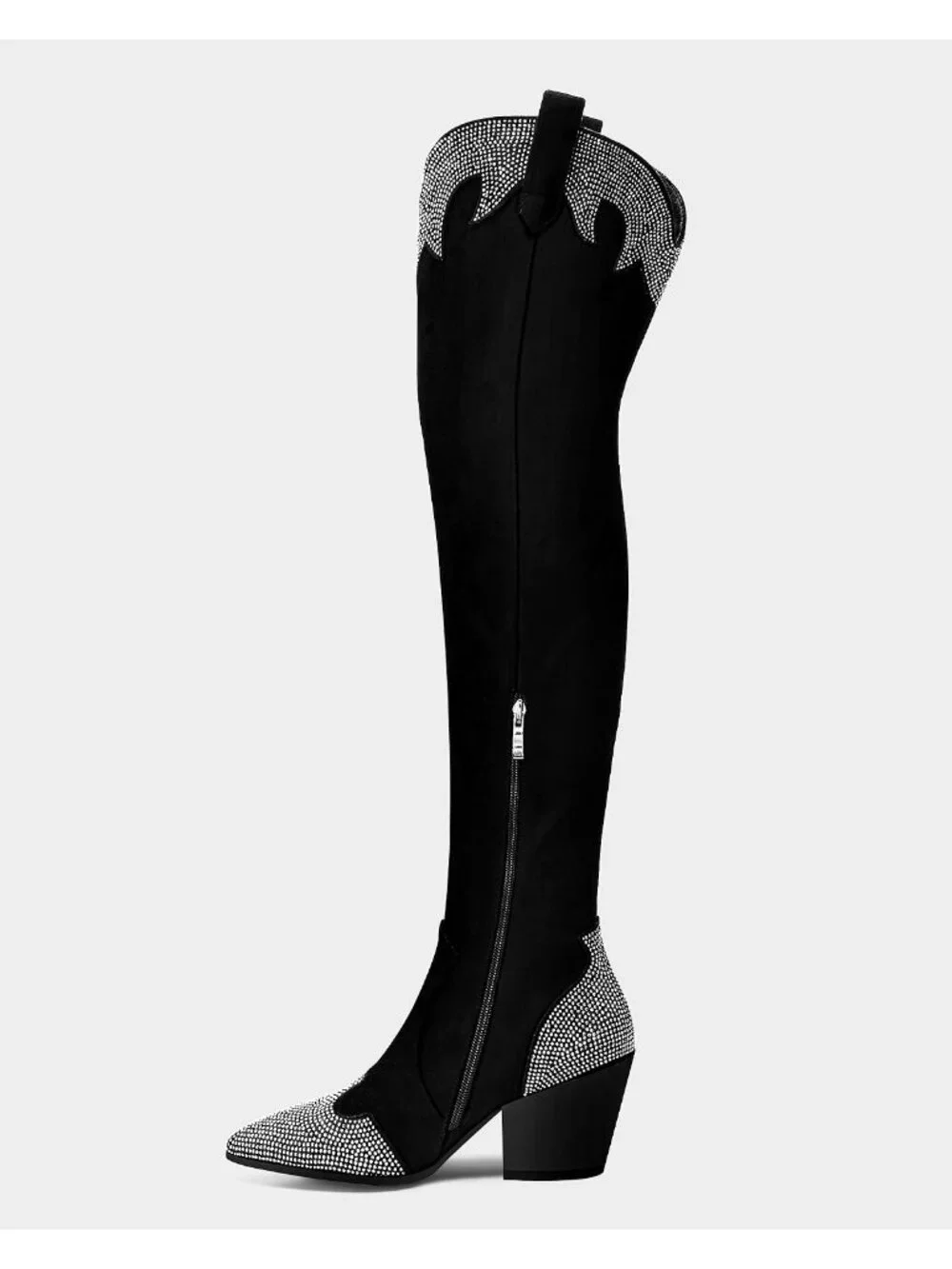 Women's Black Suede Rhinestone Pointed Toe Chunky Heels Over The Knee High Boots